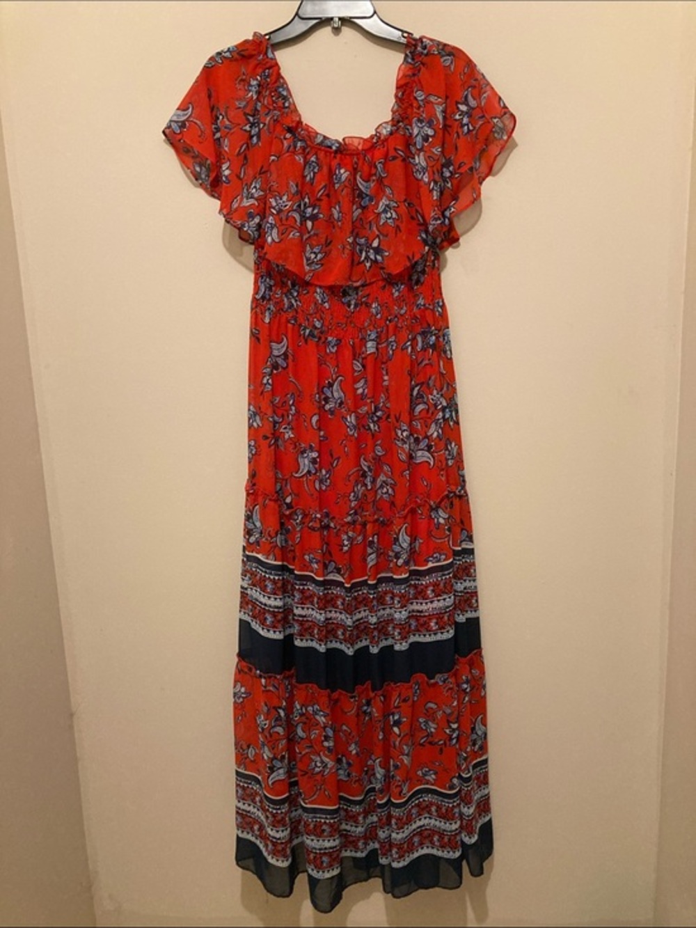 Chris McLaughlin. Sz 10 like new Red Floral Maxi Dress with Ruffle Neckline